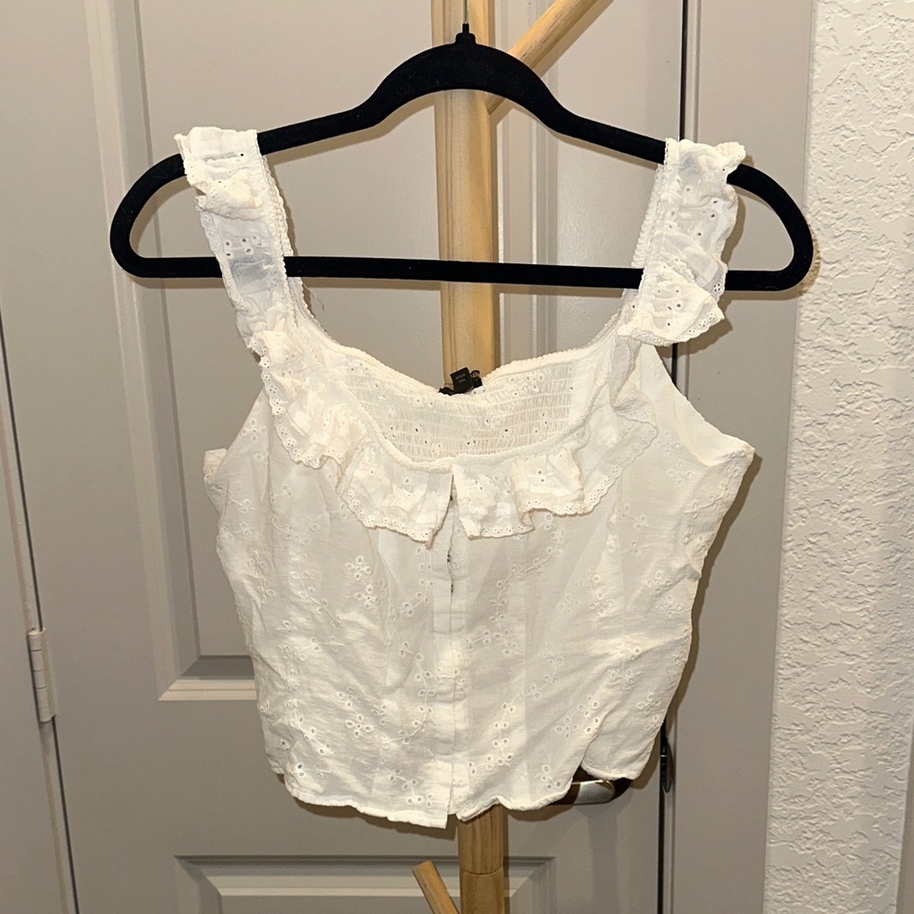 White Eyelet Ruffle Cropped Tank Top - Women